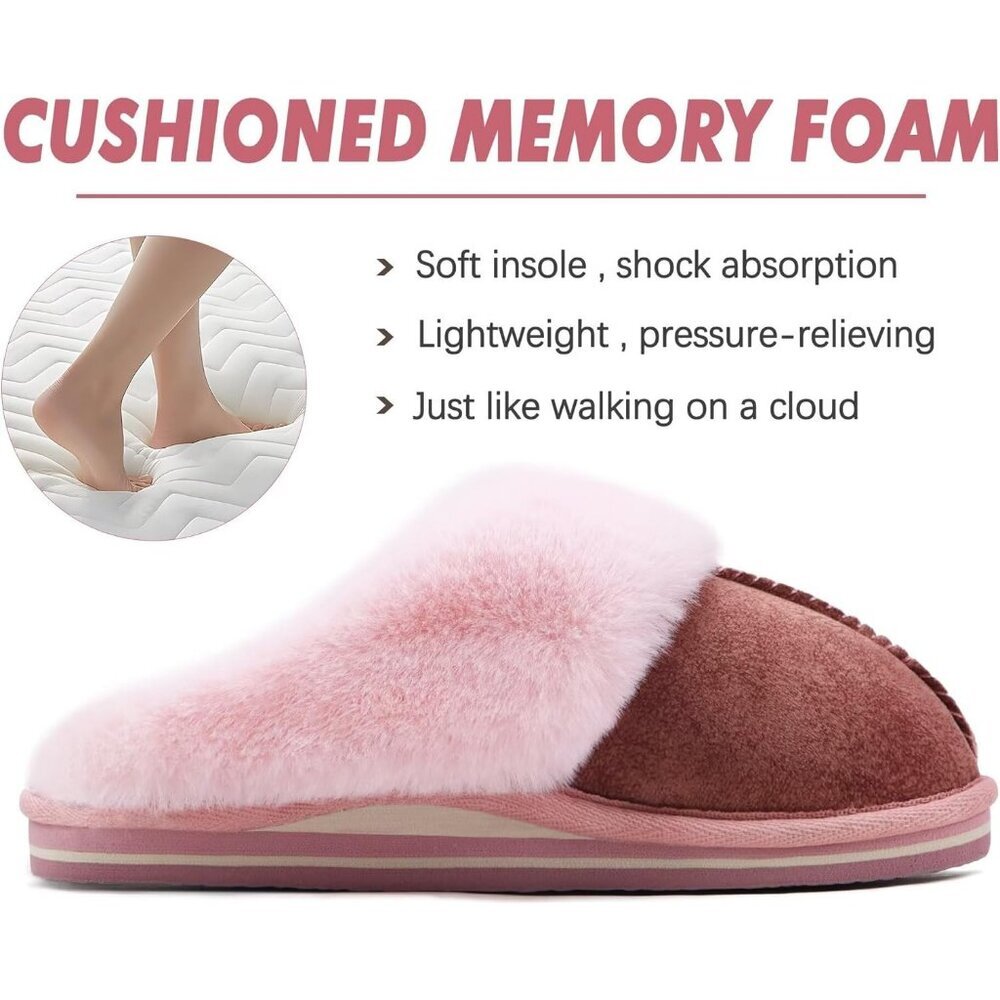 Women's Fluff Memory Cozy Winter Warm Scuff Slip On Light Pink  Slippers Shoes - Picture 3 of 7